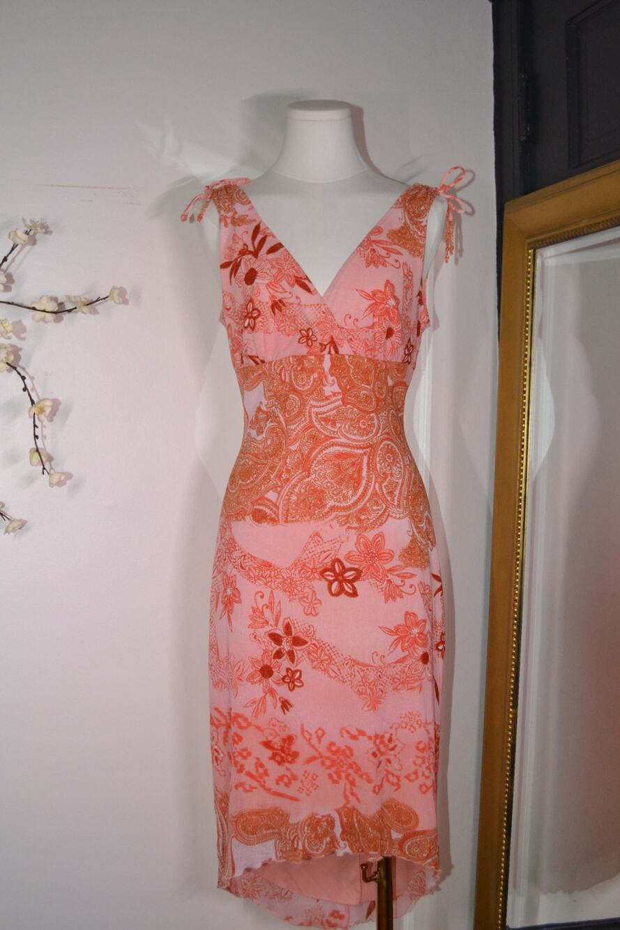 Vintage Y2K Rampage Pink Floral Paisley Asymmetrical Midi Dress Size L